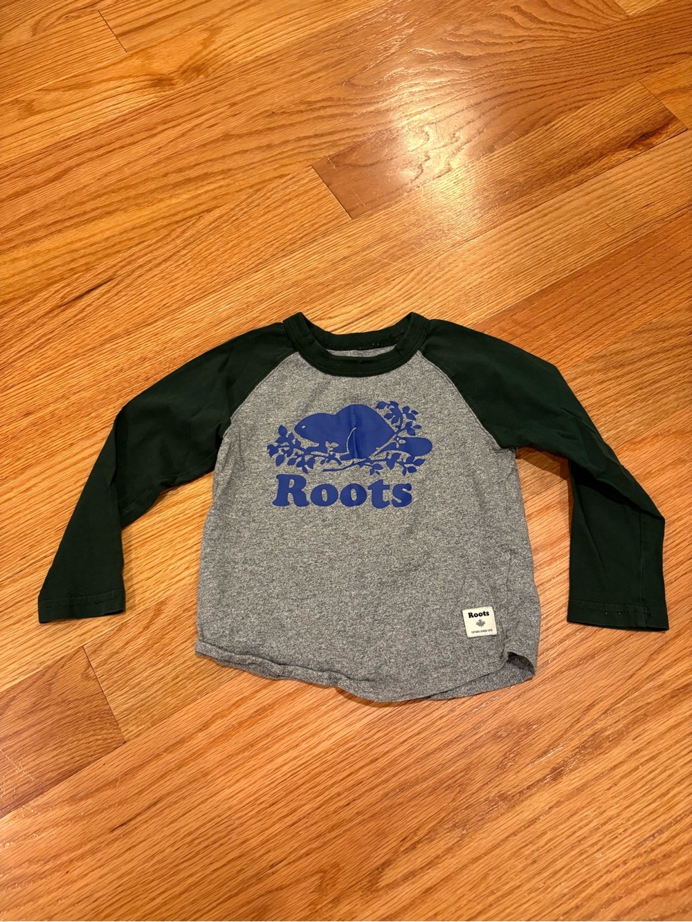Roots Toddler Long-Sleeve Raglan Tee — Gray & Dark Green with Blue Logo